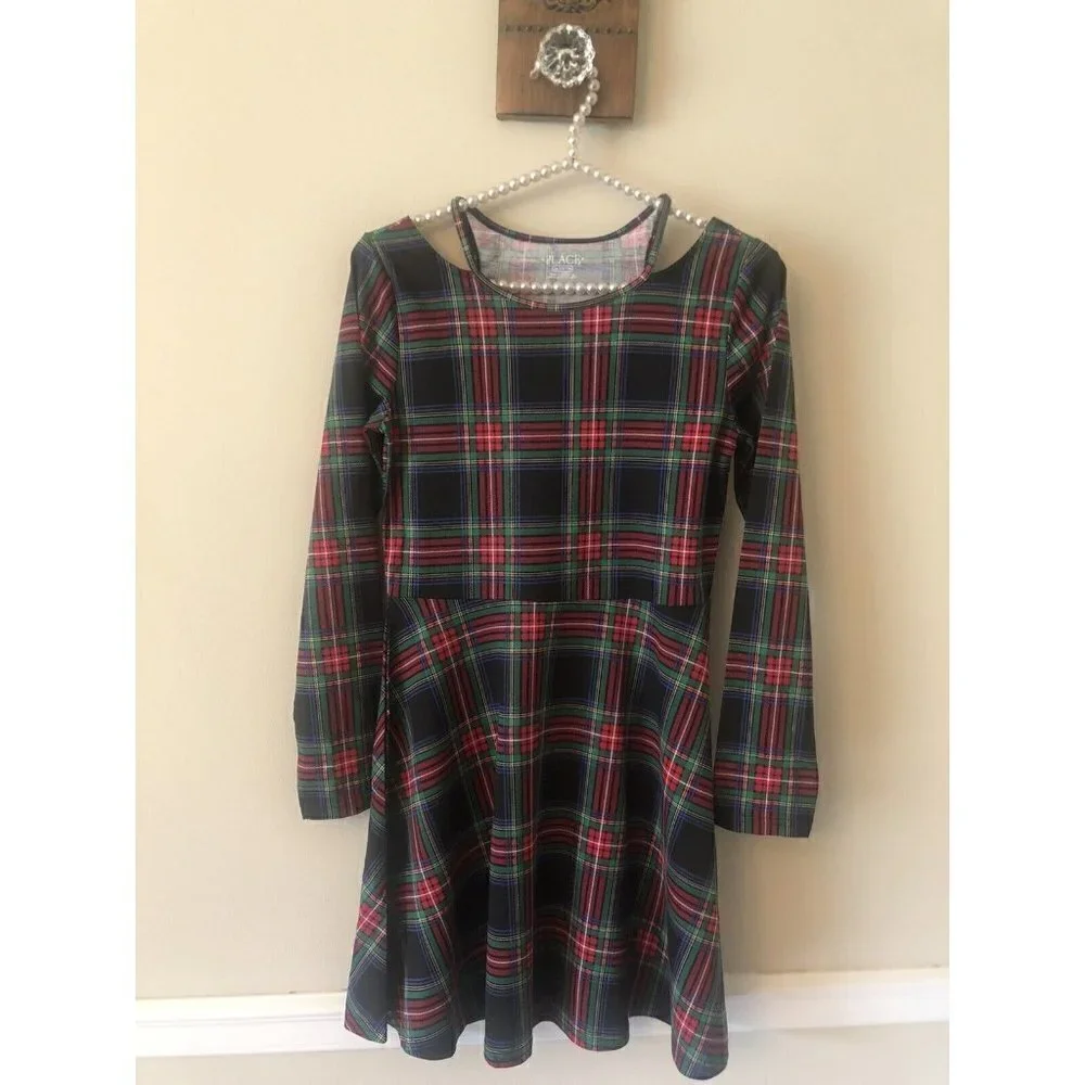 NWT The Childrens Place Girls XL Dress Black Plaid Cold Shoulder Long Sleeve